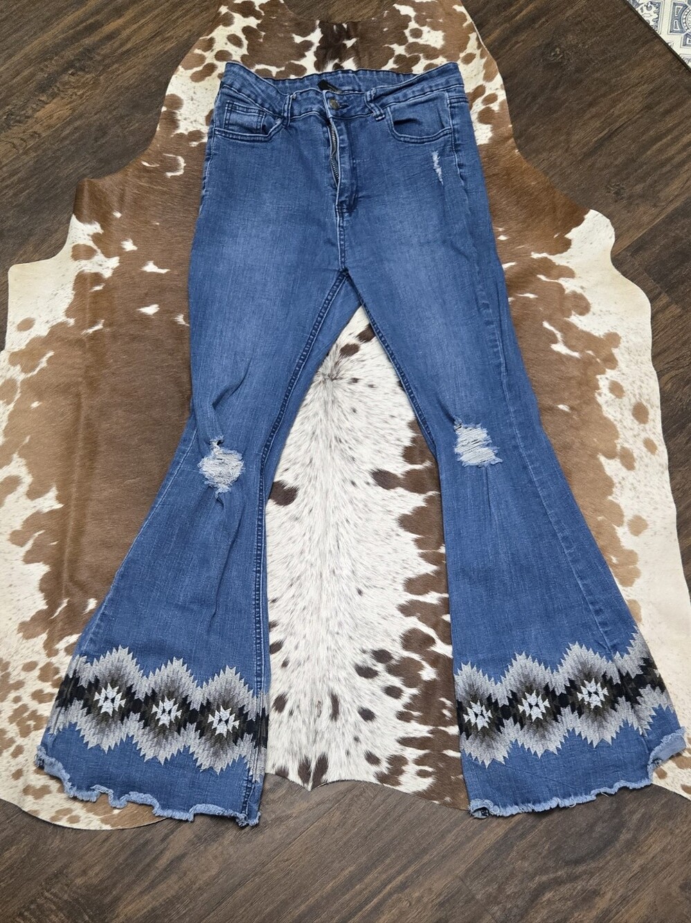 Crazy Train Blue Flare Jeans with Aztec Embroidered Raw Hem - Picture 2 of 7